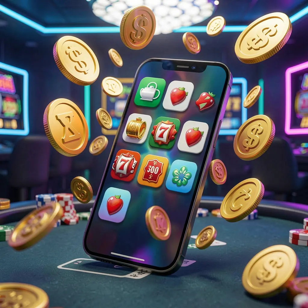 JR785 Android casino app concept displayed on a modern phone with app icons, surrounded by golden coins and slot symbols floating in a neon casino atmosphere, realistic 3D render