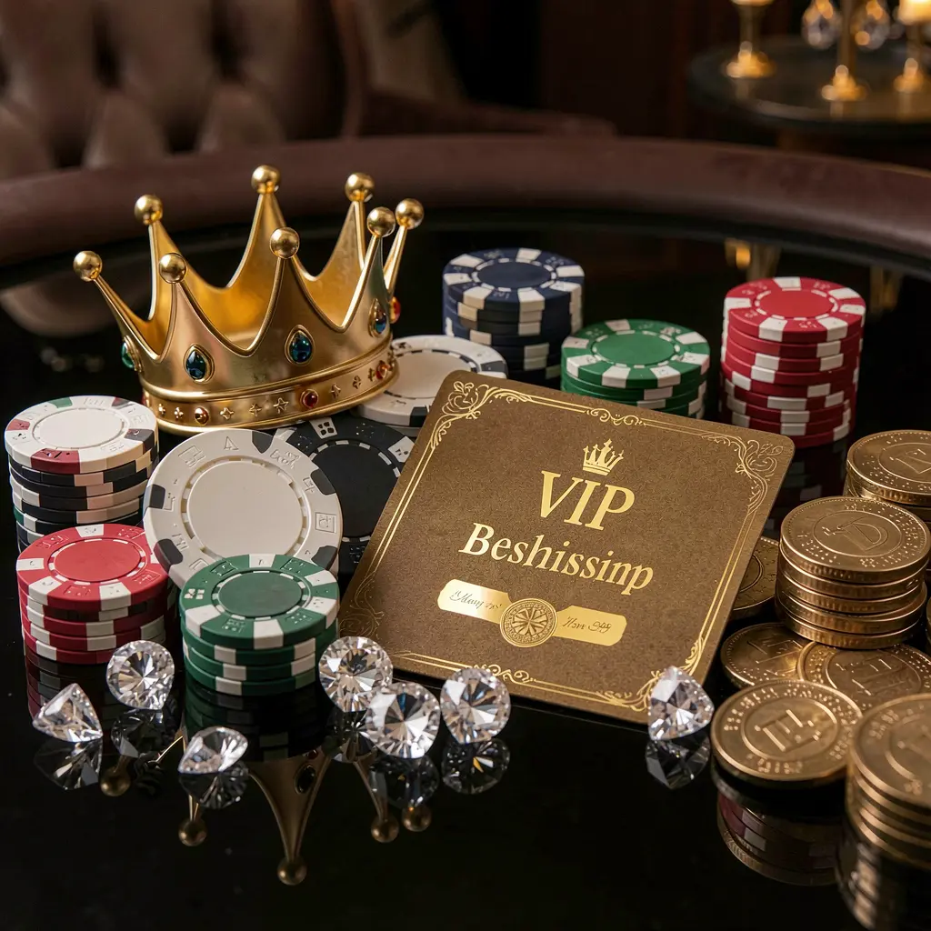 JR785 VIP casino bonus concept featuring a golden crown, luxury membership card, poker chips, diamonds, and coins arranged on a glossy black table in an elegant premium style