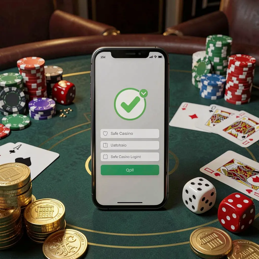 JR785 safe casino login concept showing a smartphone with verification checkmark icon surrounded by chips, cards, dice, and golden coins on an elegant luxury casino table in a 3D realistic render