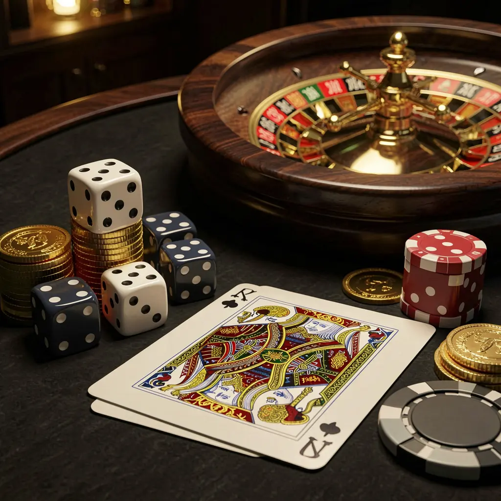 JR785 elegant online casino homepage featuring royal flush cards, dice, golden coins, and poker chips on a dark table with a glowing roulette wheel in the background in a cinematic 3D render